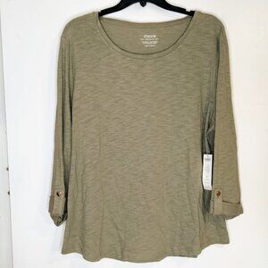 Chico's The Ultimate Tee 3/4 Sleeve Rolled Cuff Button Sage Leaf XL NWT